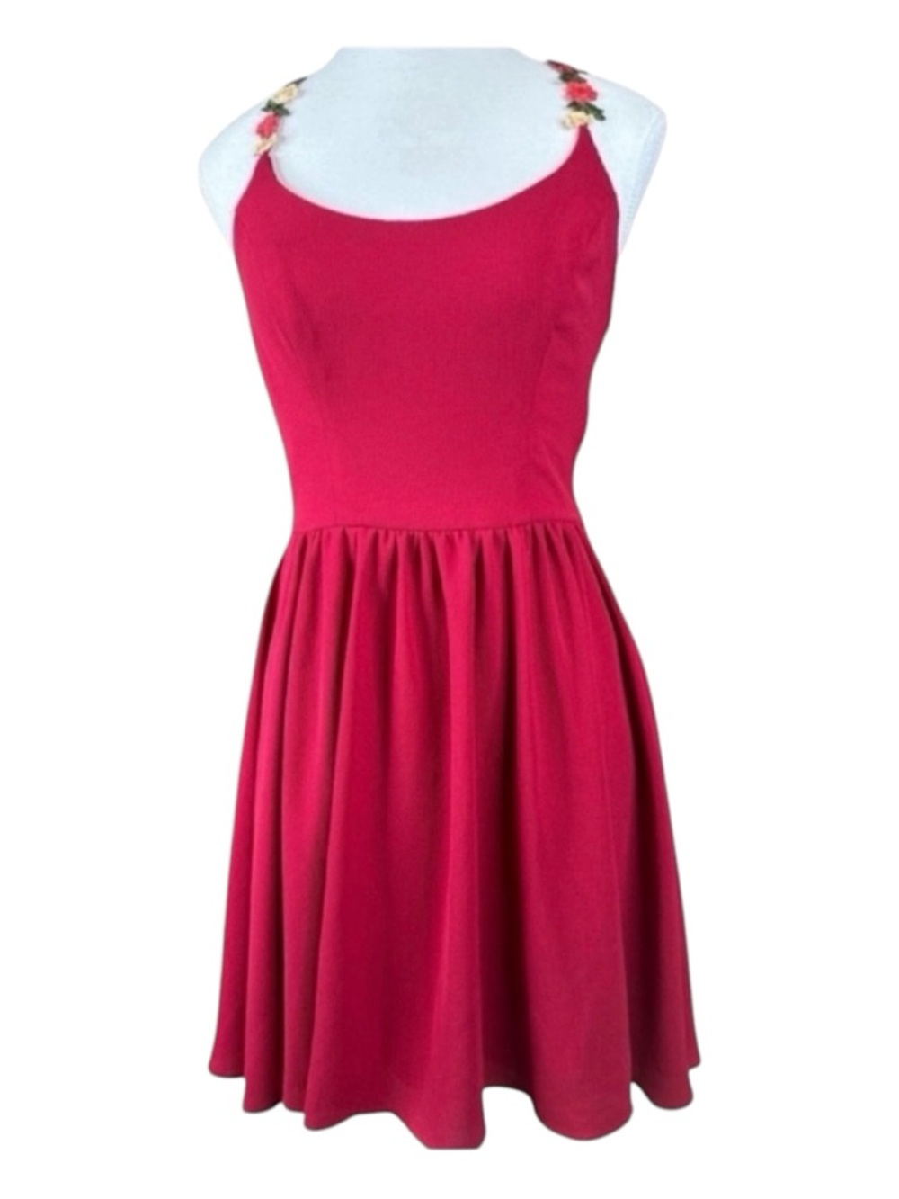 B. DARLIN Halter Mini Dress w/Flower Straps, Deep Red Color, Size 7/8.